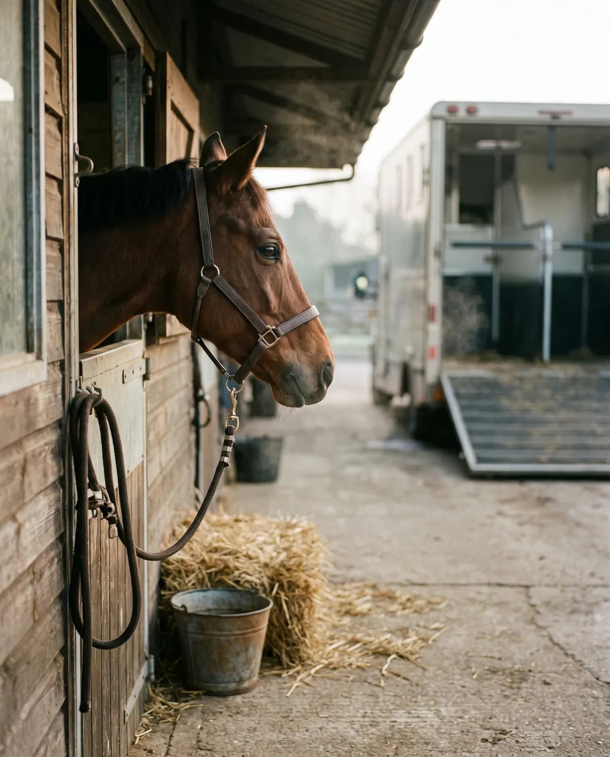 Un cheval passant la tête par-dessus la porte de son box, un van attend dans la cour.