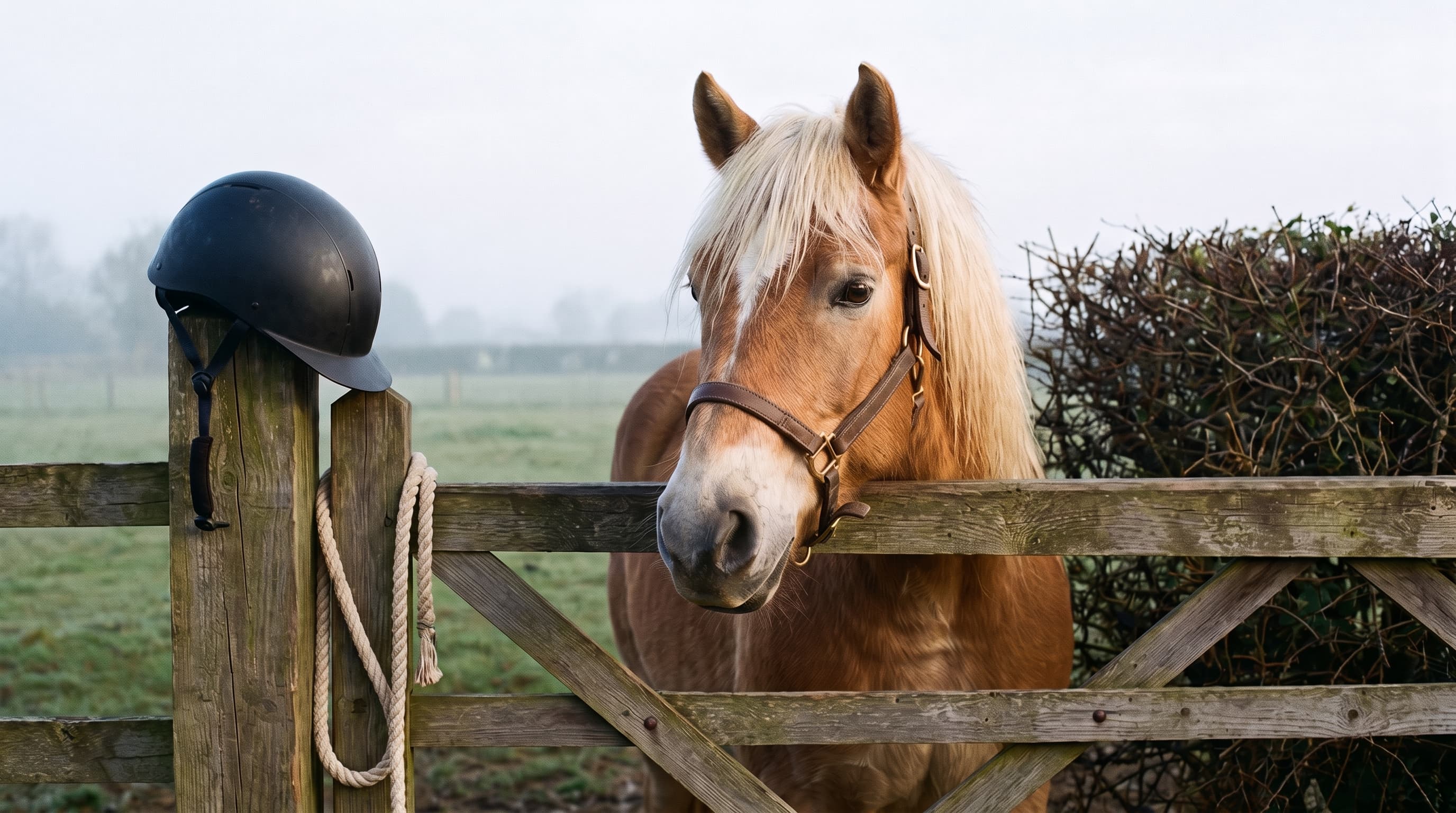 Un cheval alezan aux crins lavés, la tête posée par-dessus une barrière de pré en bois par un matin brumeux, une bombe d'équitation accrochée au poteau et une corde enroulée à côté.