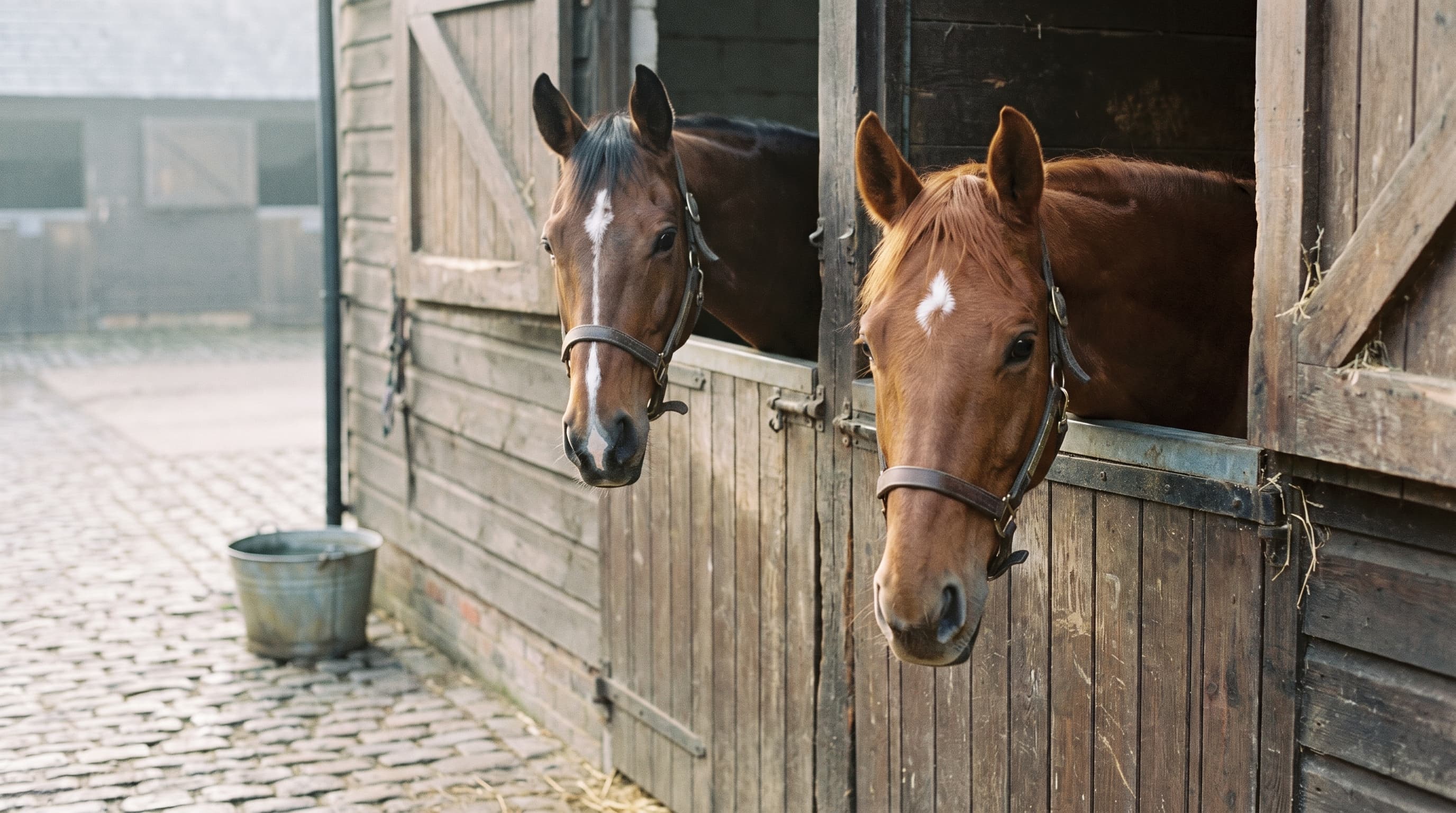 Un cheval bai avec une liste blanche et un alezan avec une étoile blanche regardent par-dessus deux portes de box voisines en bois patiné, sur une cour pavée, un seau en métal contre le mur.