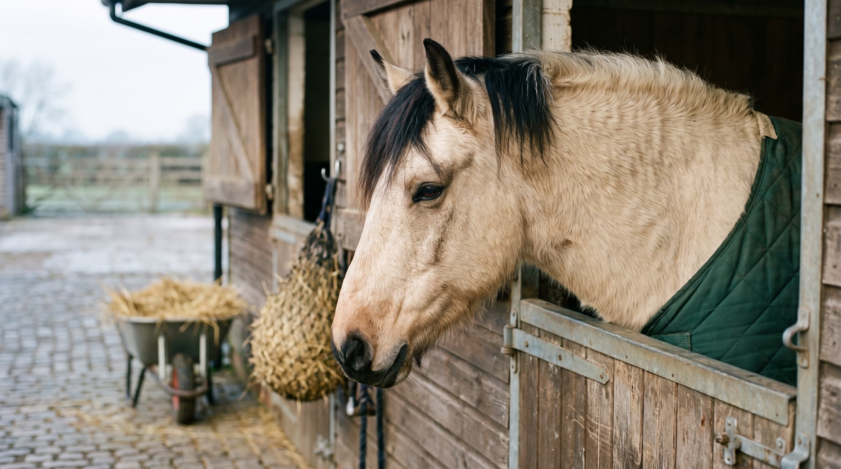 Un cheval isabelle au poil d'hiver épais, couvert d'une couverture matelassée verte toute simple, regarde par-dessus une porte de box usée, avec un filet à foin et une brouette de paille sur les pavés de la cour.