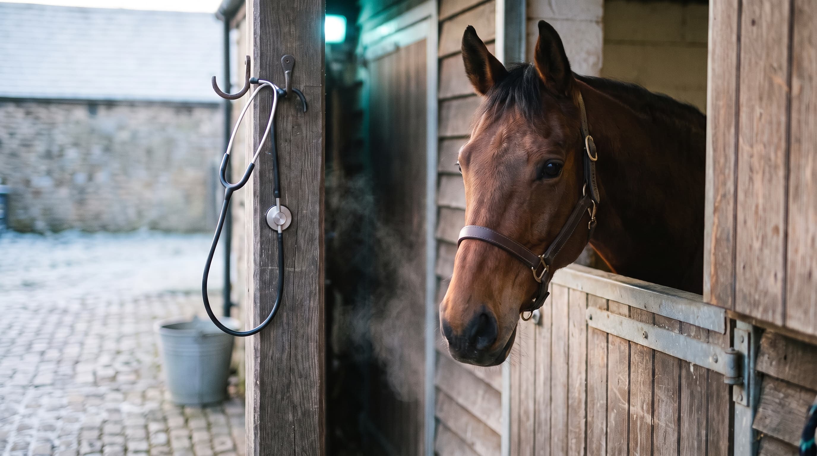 Un cheval bai calme regarde par-dessus une porte d'écurie usée un matin de gel, un stéthoscope suspendu à un crochet sur le montant de la porte.