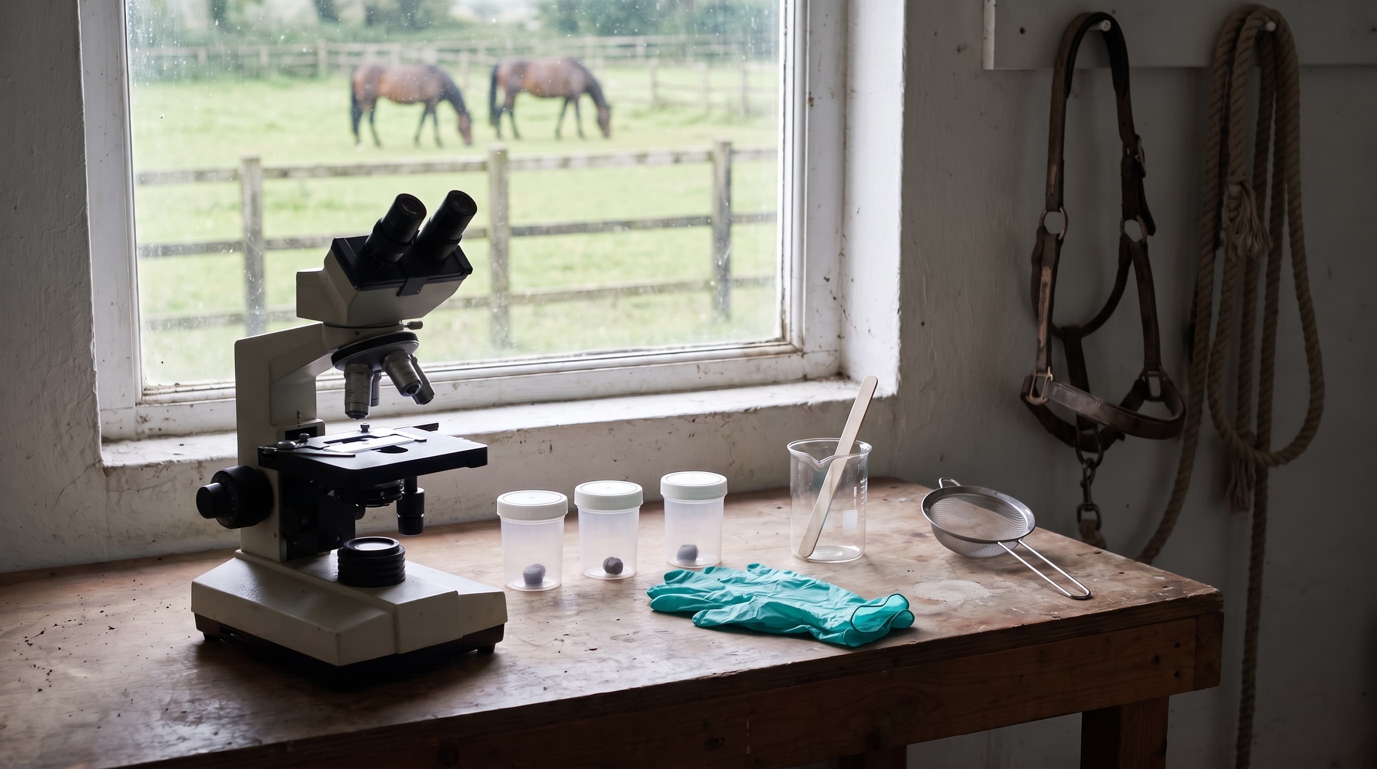 Un microscope et de petits pots à prélèvement sur l'établi d'une sellerie, à côté d'une paire de gants, d'un bécher et d'un tamis, avec des chevaux qui pâturent dans un paddock derrière la fenêtre.