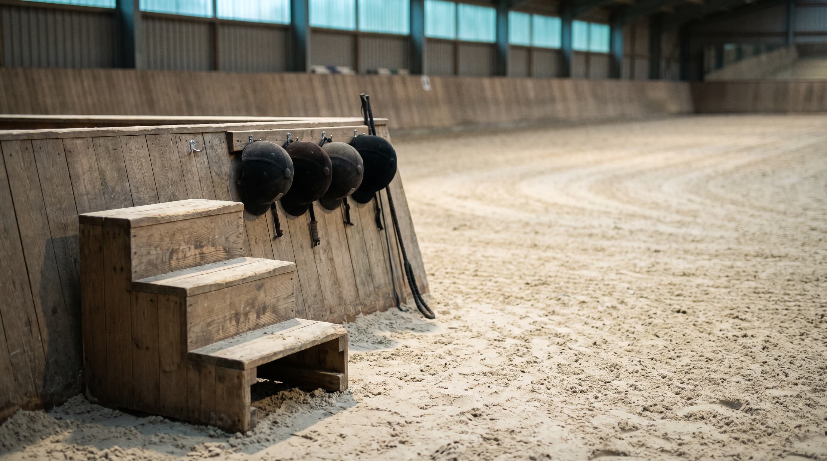 Le coin d'un manège couvert vide avant le premier cours : un montoir en bois sur le sable hersé, des bombes noires suspendues à des crochets le long du pare-bottes en bois, et une longue cravache de dressage posée à côté.