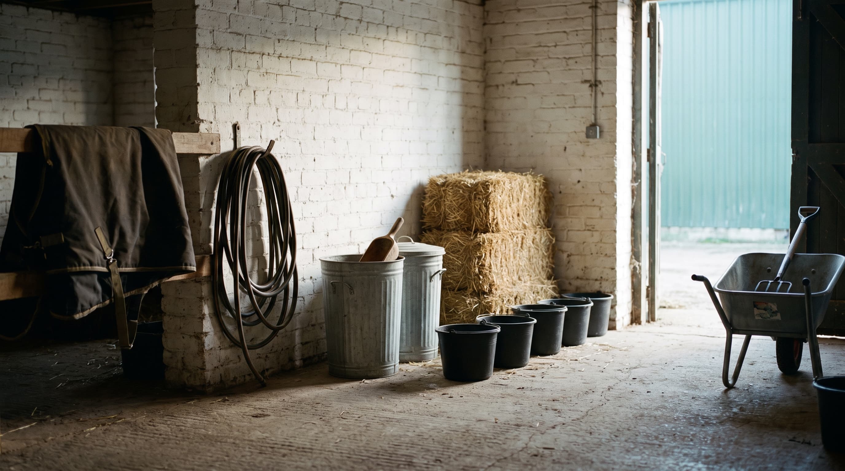 La réserve à fourrage d'une pension à la première lueur du jour : bottes de foin empilées, deux poubelles galvanisées ouvertes servant de coffres à grain, seaux en caoutchouc et une brouette dans l'embrasure.