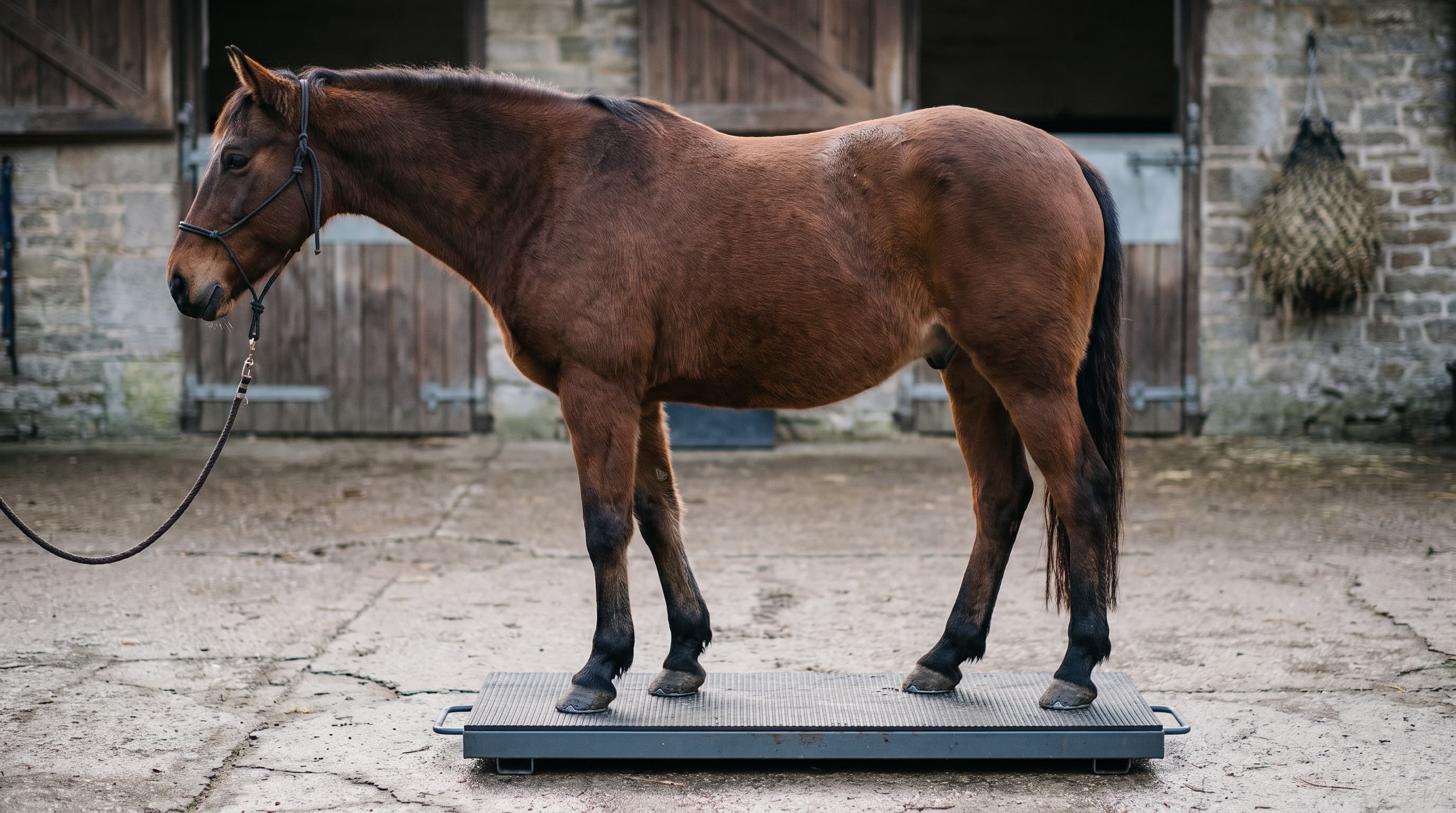 Un cheval bai en licol de corde, de profil sur une plateforme de pesée grise et basse, dans une cour d'écurie en pierre, avec des portes de box en bois et un filet à foin accroché au mur.