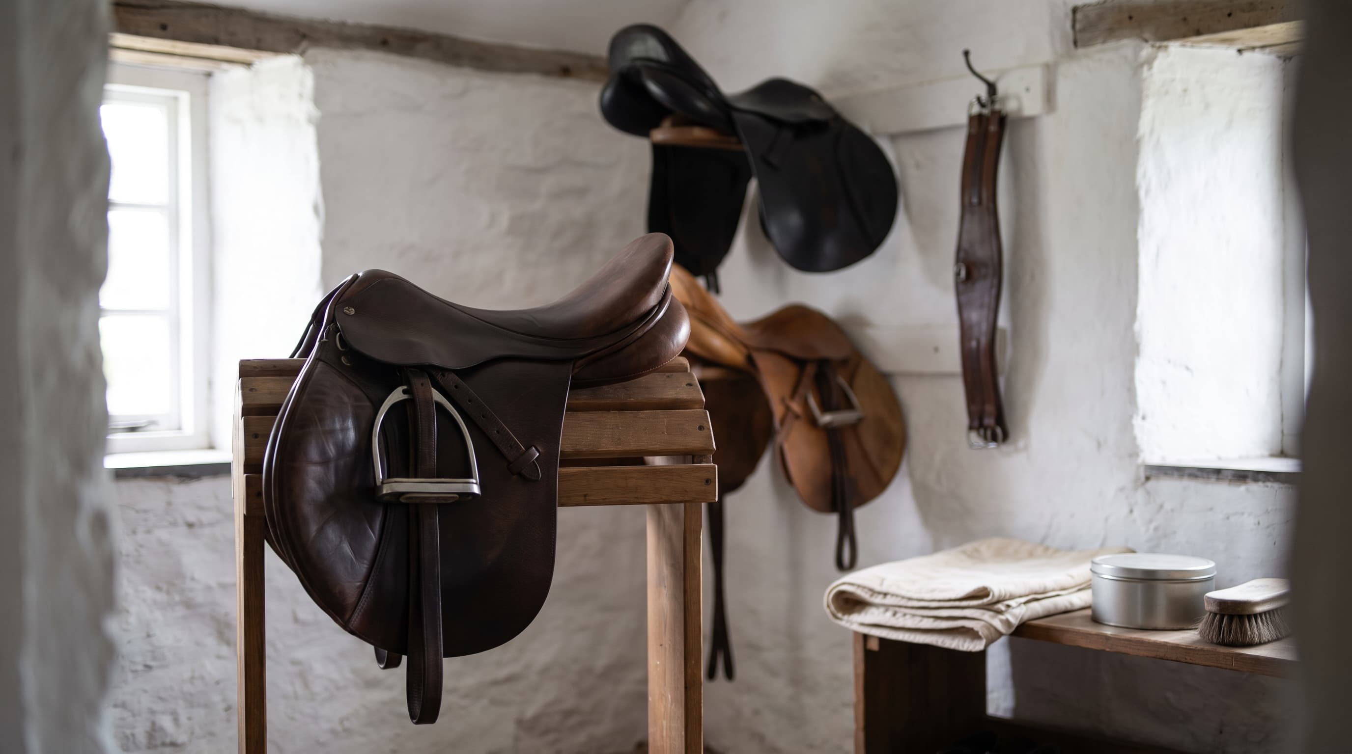 Une selle anglaise en cuir brun sur un porte-selle en bois dans une sellerie aux murs blanchis à la chaux, un étrier pendant sur son quartier, avec d'autres selles et une sangle au mur derrière, et un tapis de selle plié, une boîte en métal et une brosse sur une étagère.