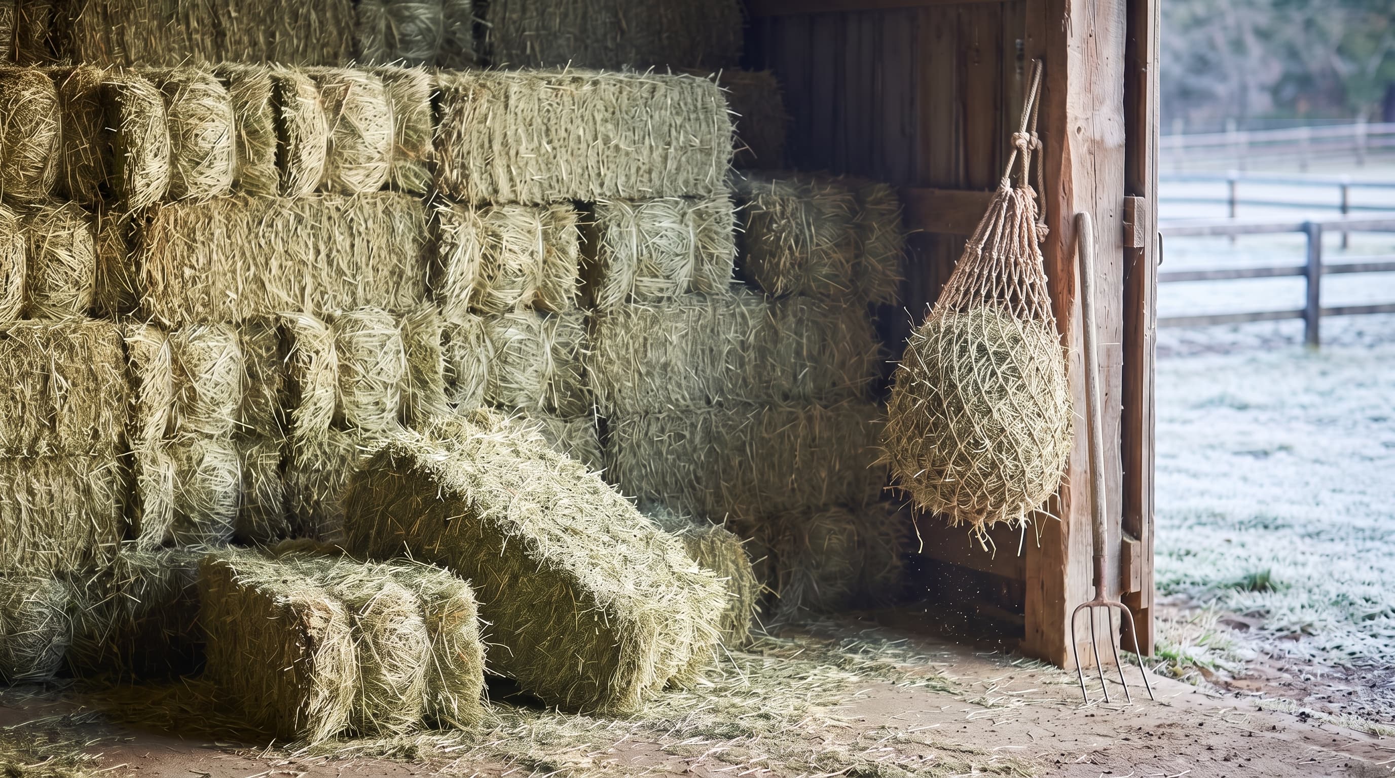 Une pile de petites bottes de foin dans une grange en bois, une botte tombée et ouverte au premier plan, un filet à foin rempli suspendu à un poteau et une fourche à foin appuyée à côté, et un paddock givré par la porte ouverte.