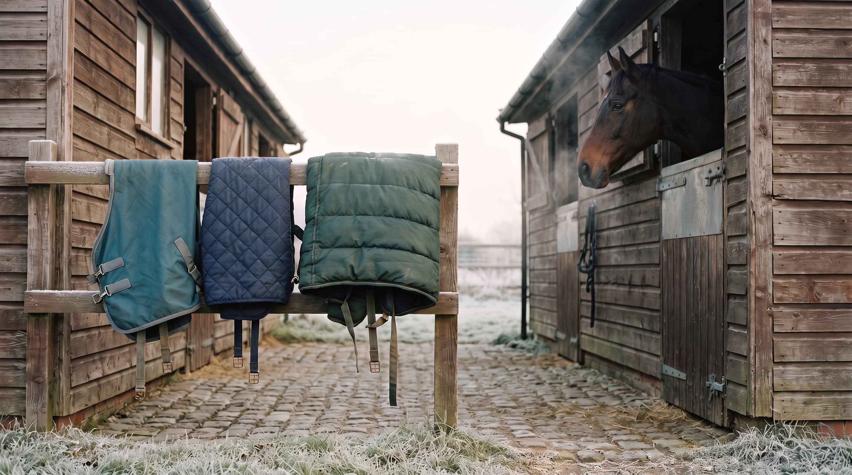 Des couvertures pour chevaux de poids différents suspendues sur une lisse en bois couverte de givre dans une cour d'écurie pavée au petit jour, et à droite un cheval bai qui regarde par-dessus une porte de box, son souffle visible dans l'air froid.