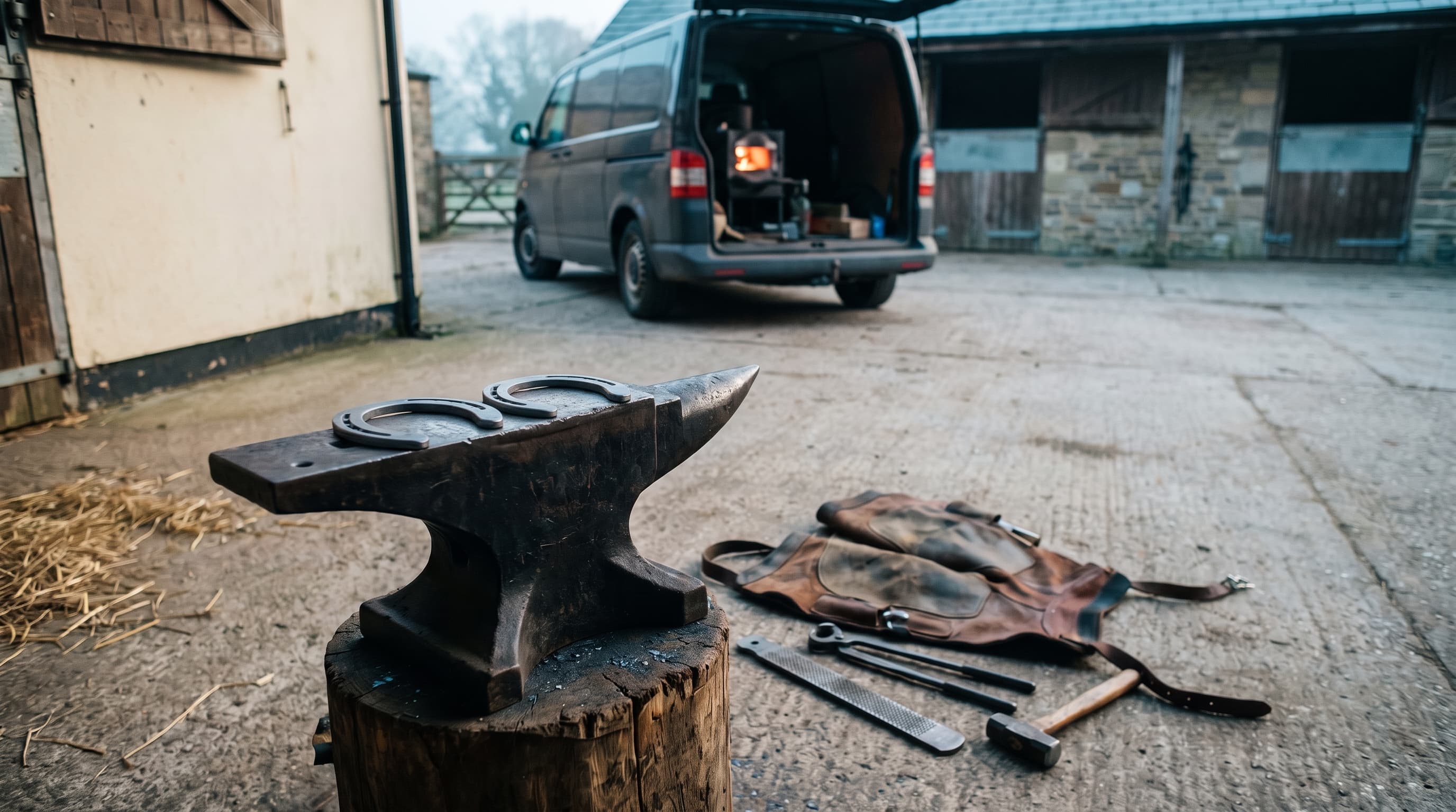 Une enclume noire sur un billot de bois dans une cour d'écurie au petit jour, deux fers neufs posés dessus, un tablier de maréchal en cuir, une râpe, une pince à parer et un marteau sur le béton, et derrière une camionnette ouverte avec une petite forge rougeoyante à l'intérieur.
