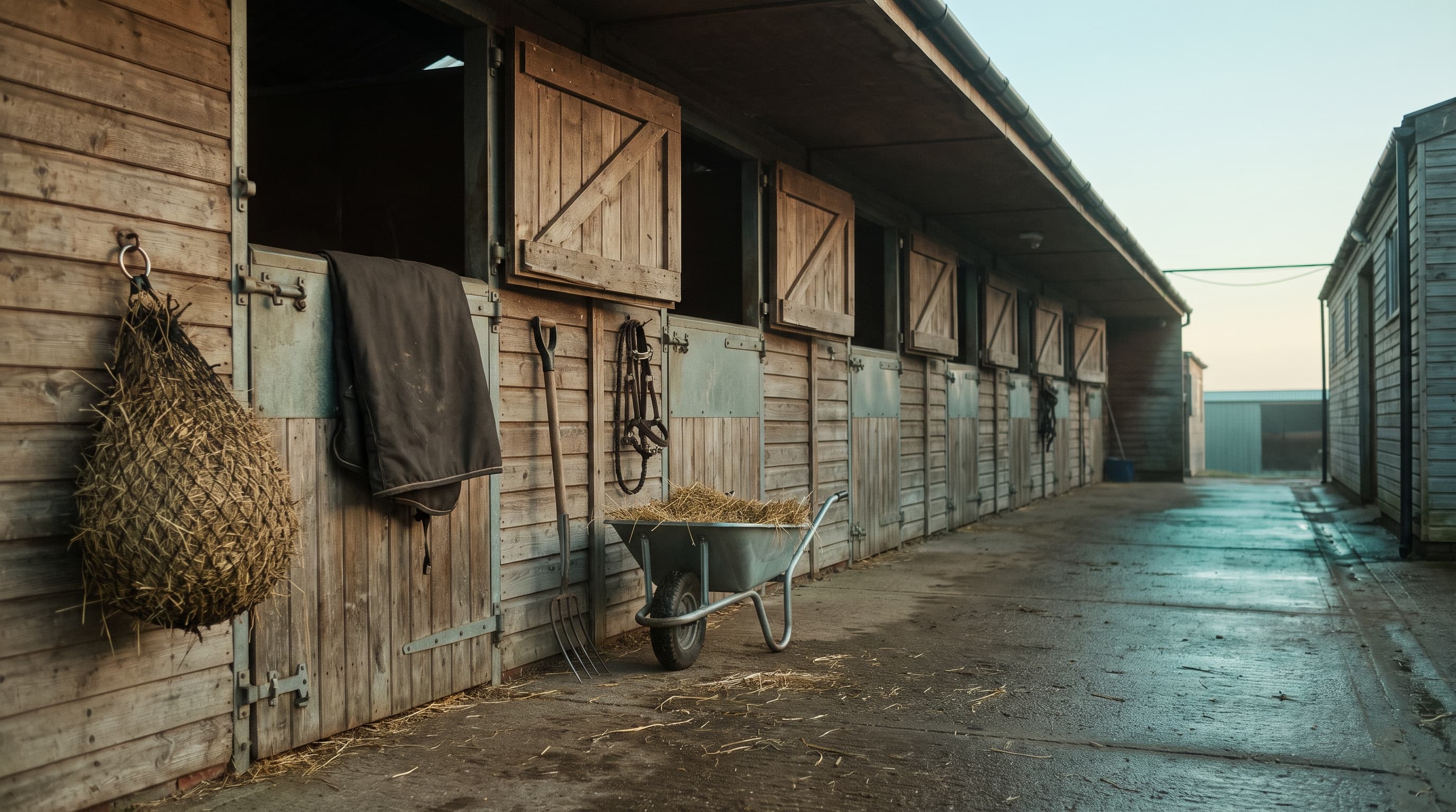 Une rangée de boxes en bois patiné dans une écurie de pension au petit matin : portes hautes ouvertes et accrochées, un filet à foin plein attaché à un anneau, une couverture sombre pliée sur une porte, un licol à un crochet et une brouette de paille sur le béton mouillé.