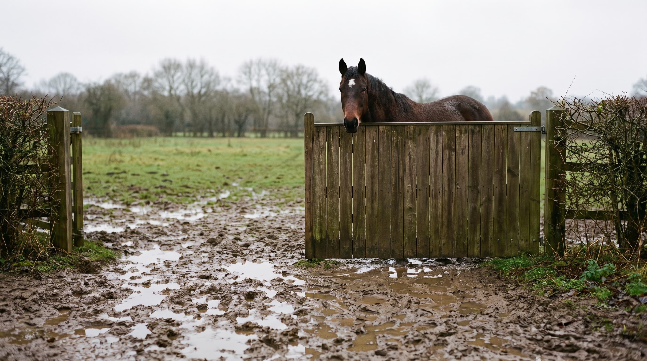 Un cheval bai à l'étoile blanche regarde par-dessus une solide barrière en bois ; devant lui, l'entrée du pré est retournée en boue épaisse et en flaques, sous un ciel gris.